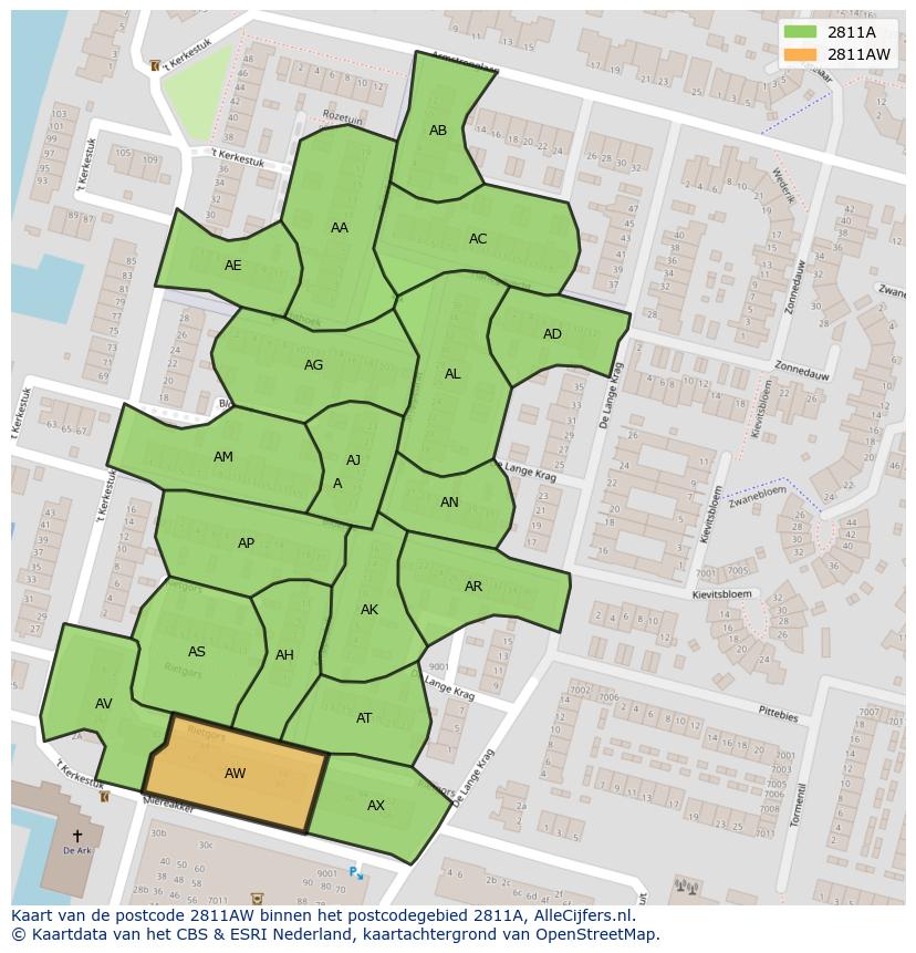 Afbeelding van het postcodegebied 2811 AW op de kaart.