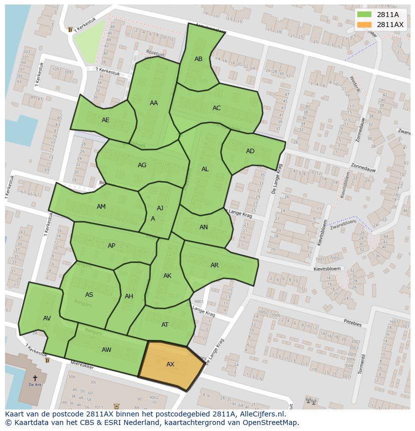 Afbeelding van het postcodegebied 2811 AX op de kaart.