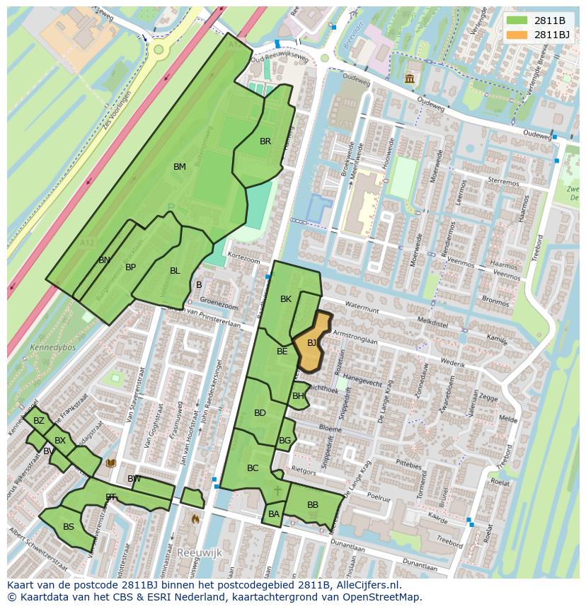 Afbeelding van het postcodegebied 2811 BJ op de kaart.