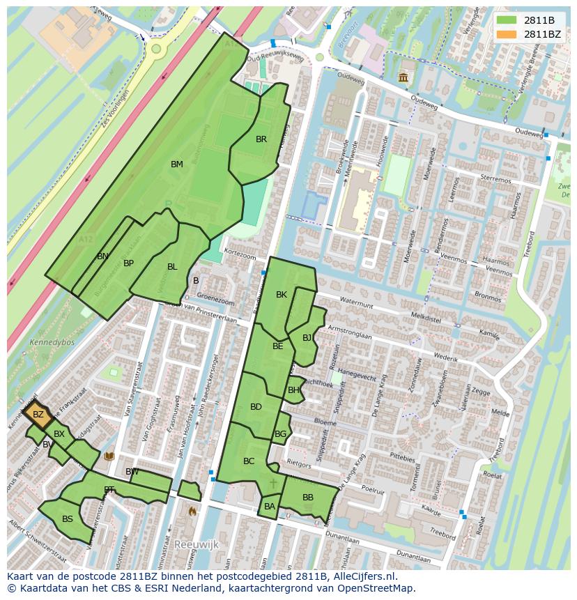 Afbeelding van het postcodegebied 2811 BZ op de kaart.