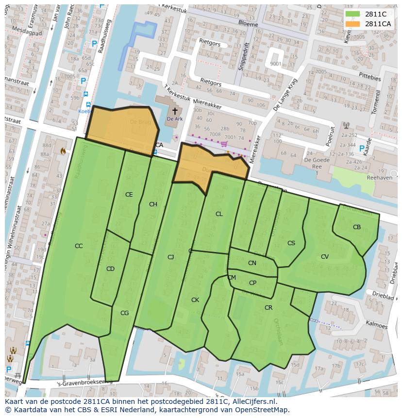 Afbeelding van het postcodegebied 2811 CA op de kaart.