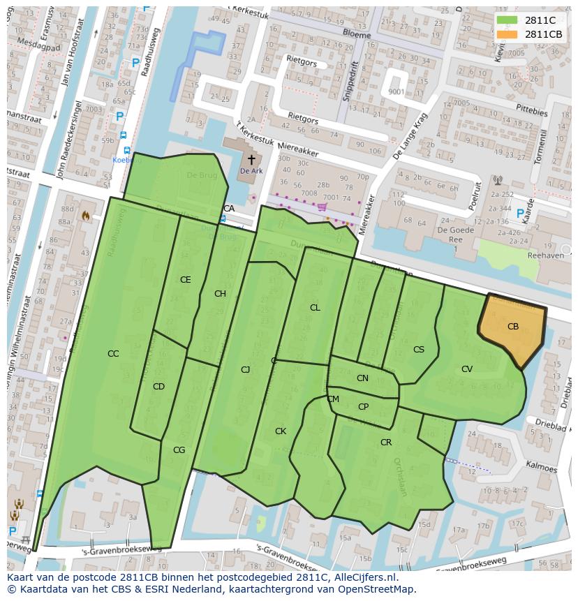 Afbeelding van het postcodegebied 2811 CB op de kaart.