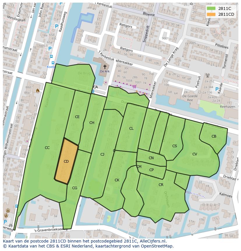 Afbeelding van het postcodegebied 2811 CD op de kaart.