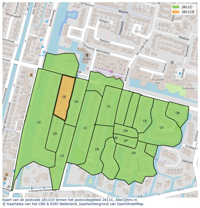 Afbeelding van het postcodegebied 2811 CE op de kaart.