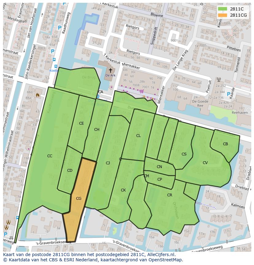 Afbeelding van het postcodegebied 2811 CG op de kaart.