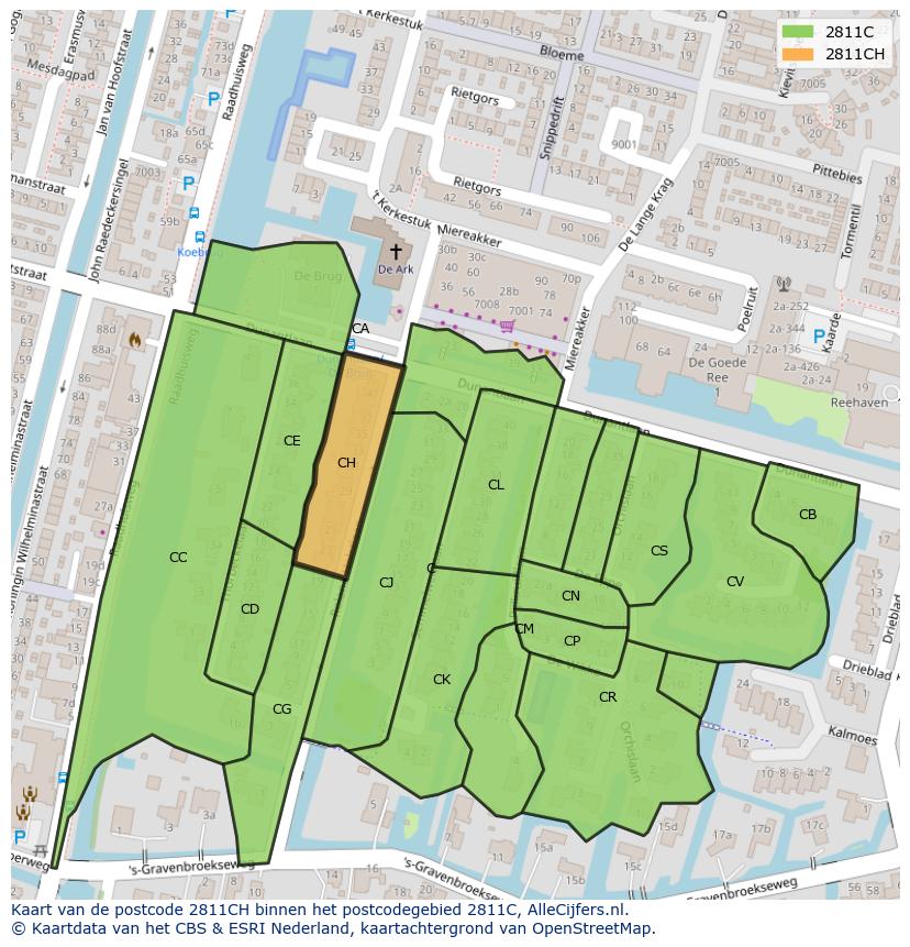 Afbeelding van het postcodegebied 2811 CH op de kaart.