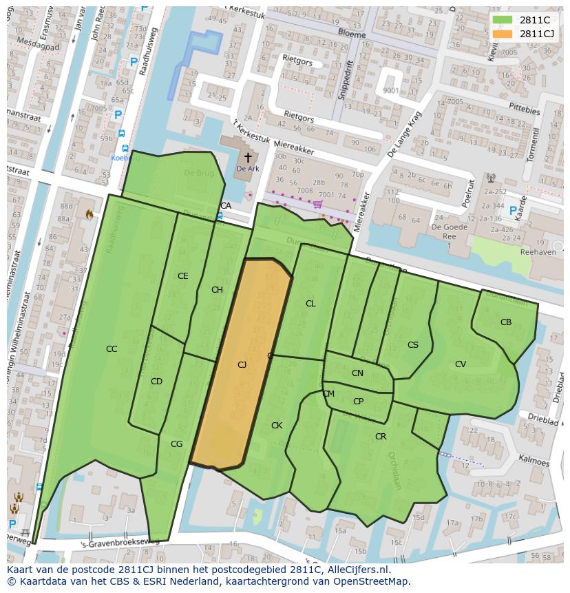 Afbeelding van het postcodegebied 2811 CJ op de kaart.