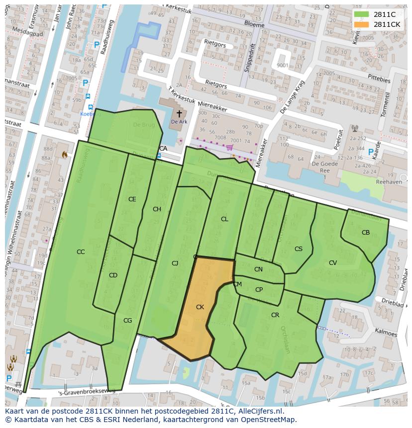 Afbeelding van het postcodegebied 2811 CK op de kaart.