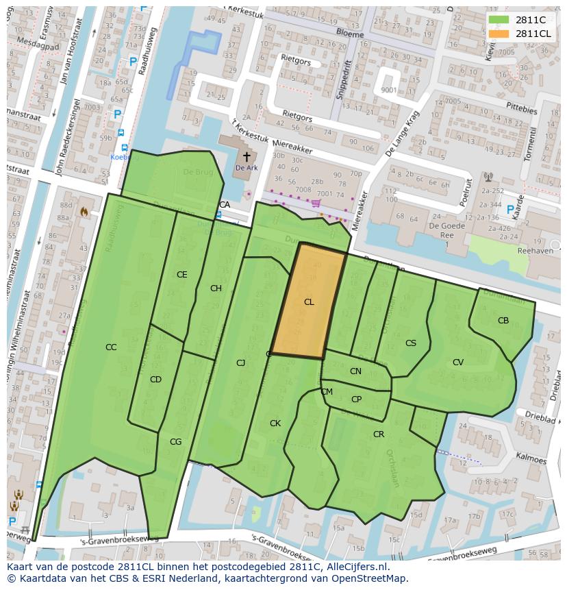 Afbeelding van het postcodegebied 2811 CL op de kaart.