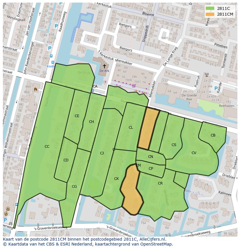 Afbeelding van het postcodegebied 2811 CM op de kaart.
