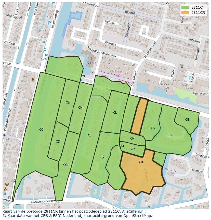 Afbeelding van het postcodegebied 2811 CR op de kaart.