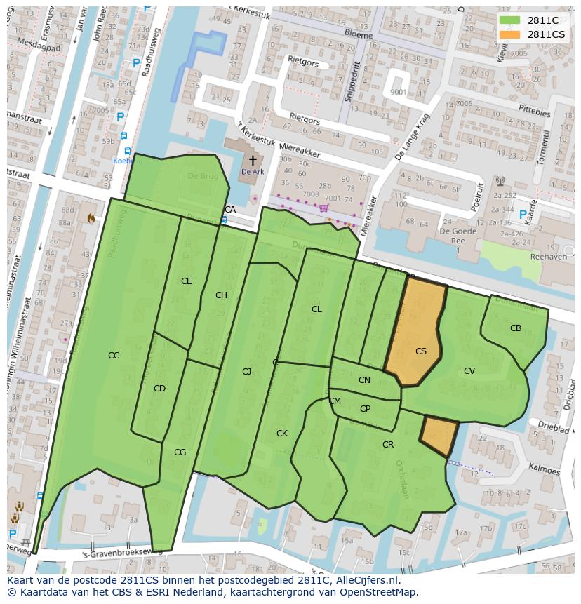 Afbeelding van het postcodegebied 2811 CS op de kaart.