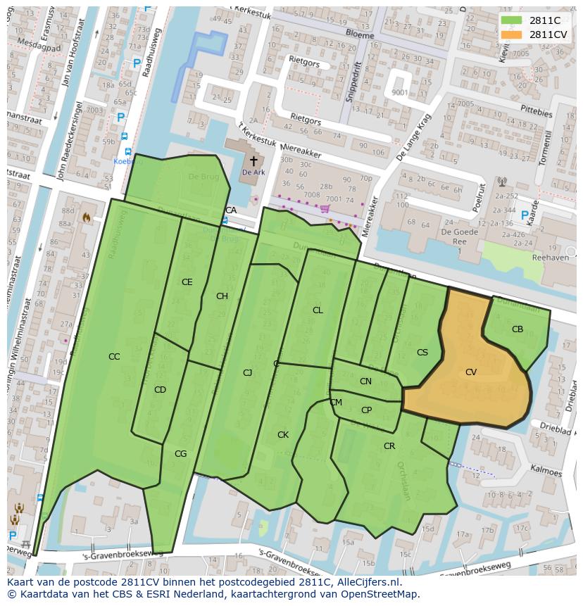 Afbeelding van het postcodegebied 2811 CV op de kaart.