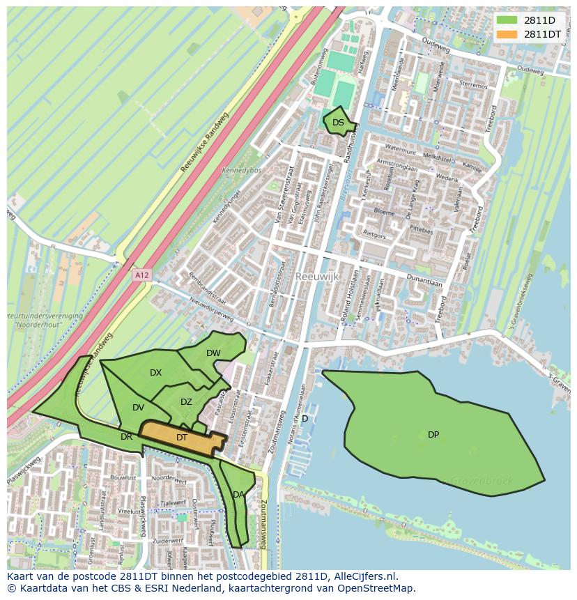 Afbeelding van het postcodegebied 2811 DT op de kaart.