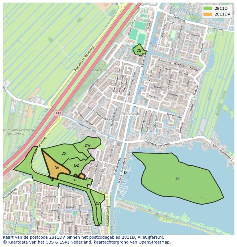 Afbeelding van het postcodegebied 2811 DV op de kaart.