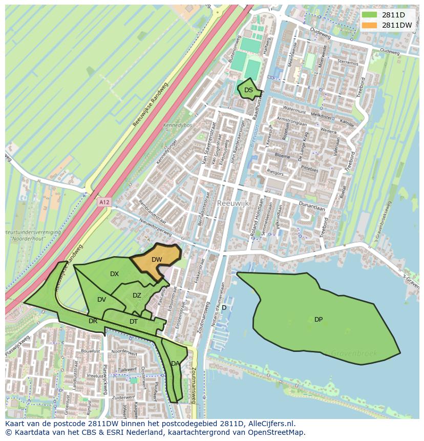 Afbeelding van het postcodegebied 2811 DW op de kaart.