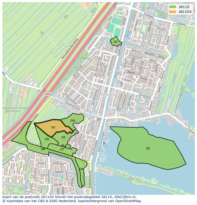 Afbeelding van het postcodegebied 2811 DX op de kaart.