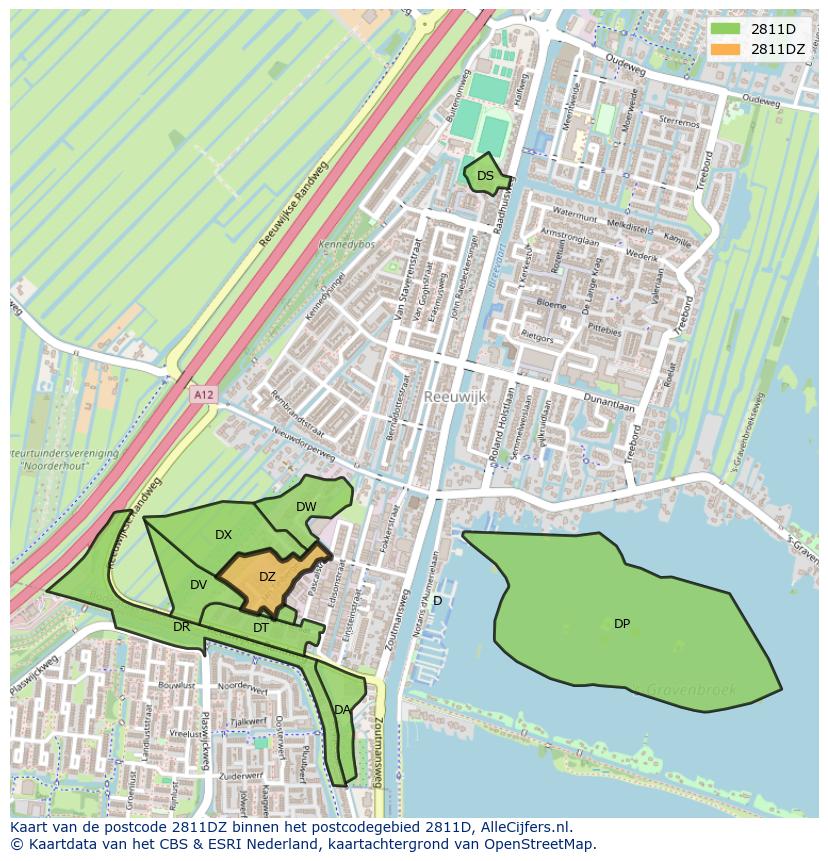 Afbeelding van het postcodegebied 2811 DZ op de kaart.
