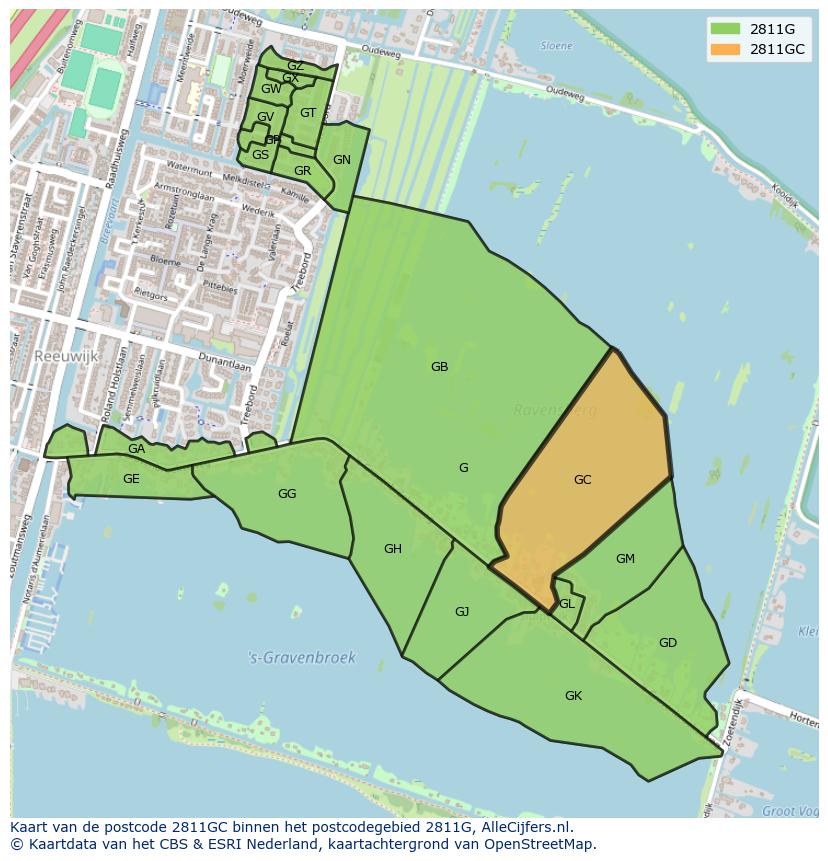 Afbeelding van het postcodegebied 2811 GC op de kaart.