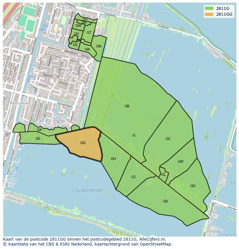 Afbeelding van het postcodegebied 2811 GG op de kaart.
