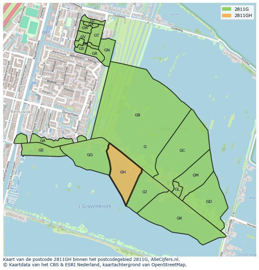 Afbeelding van het postcodegebied 2811 GH op de kaart.