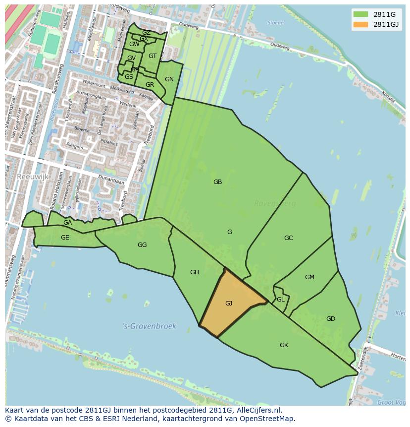 Afbeelding van het postcodegebied 2811 GJ op de kaart.