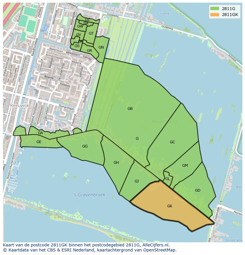 Afbeelding van het postcodegebied 2811 GK op de kaart.