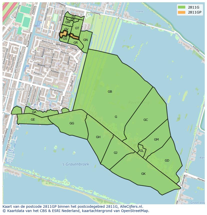 Afbeelding van het postcodegebied 2811 GP op de kaart.