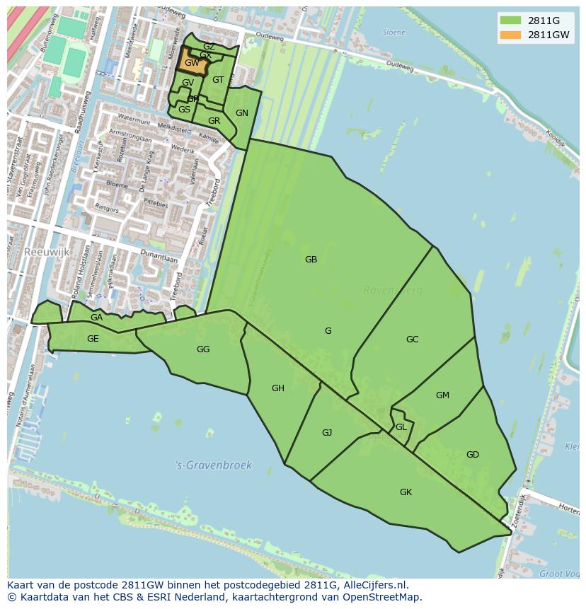 Afbeelding van het postcodegebied 2811 GW op de kaart.