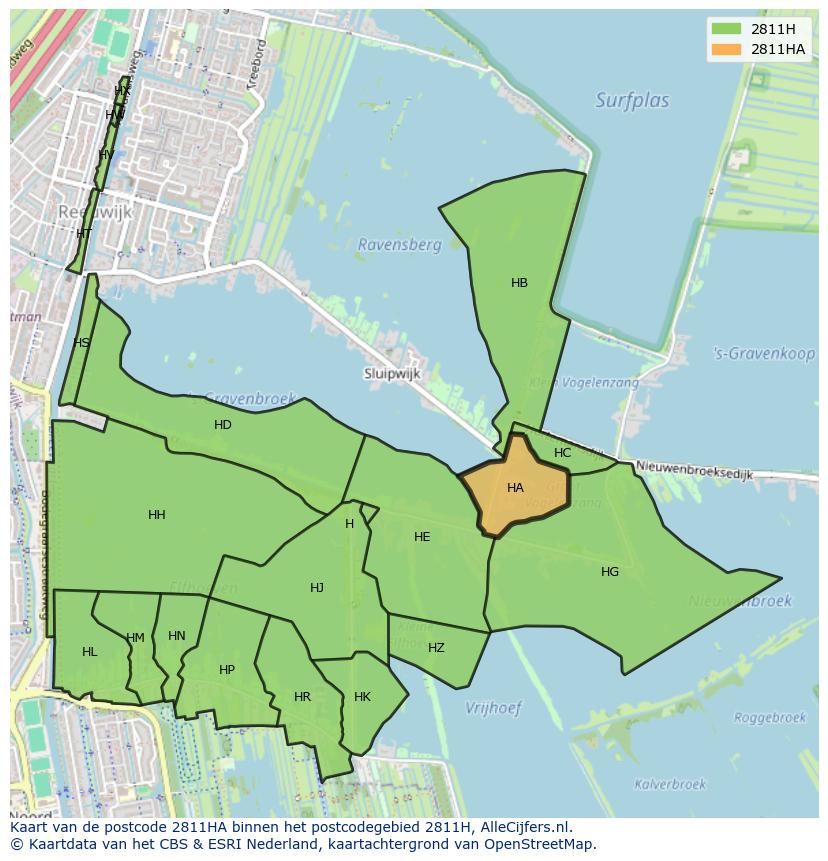 Afbeelding van het postcodegebied 2811 HA op de kaart.