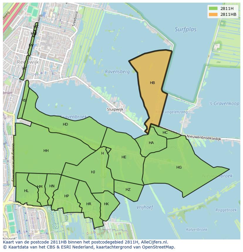 Afbeelding van het postcodegebied 2811 HB op de kaart.