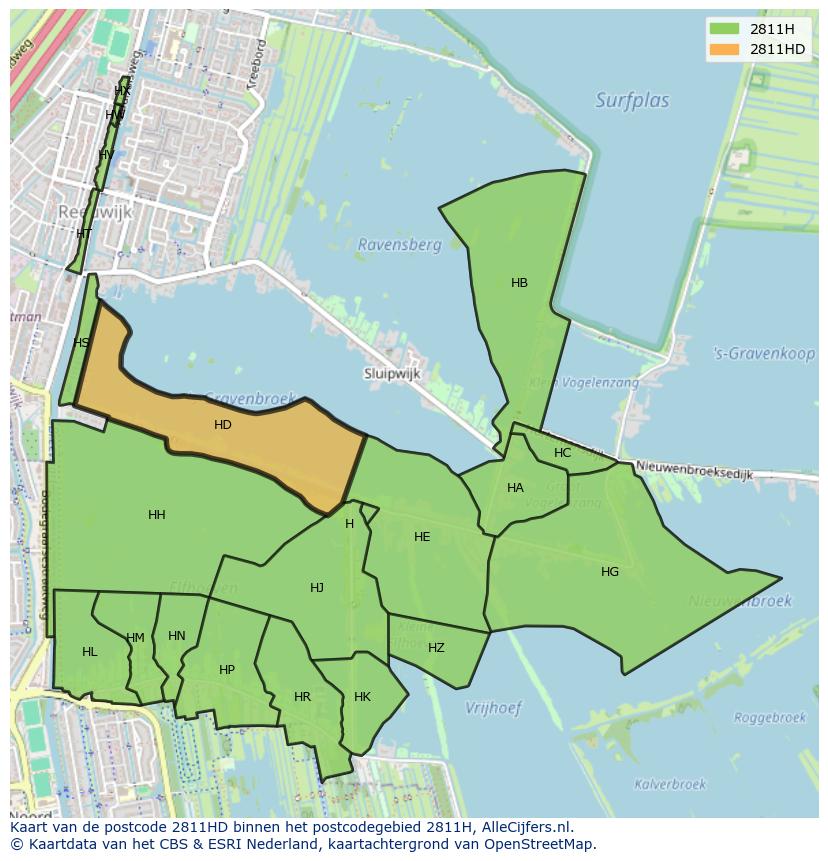 Afbeelding van het postcodegebied 2811 HD op de kaart.