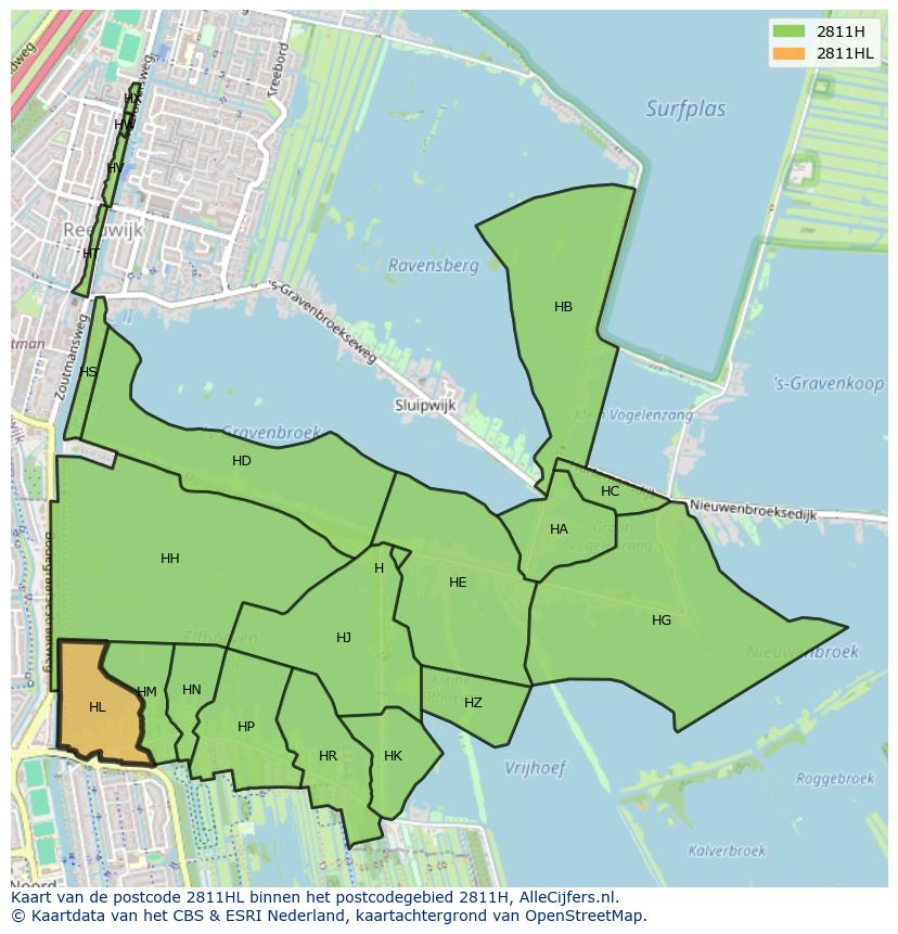 Afbeelding van het postcodegebied 2811 HL op de kaart.