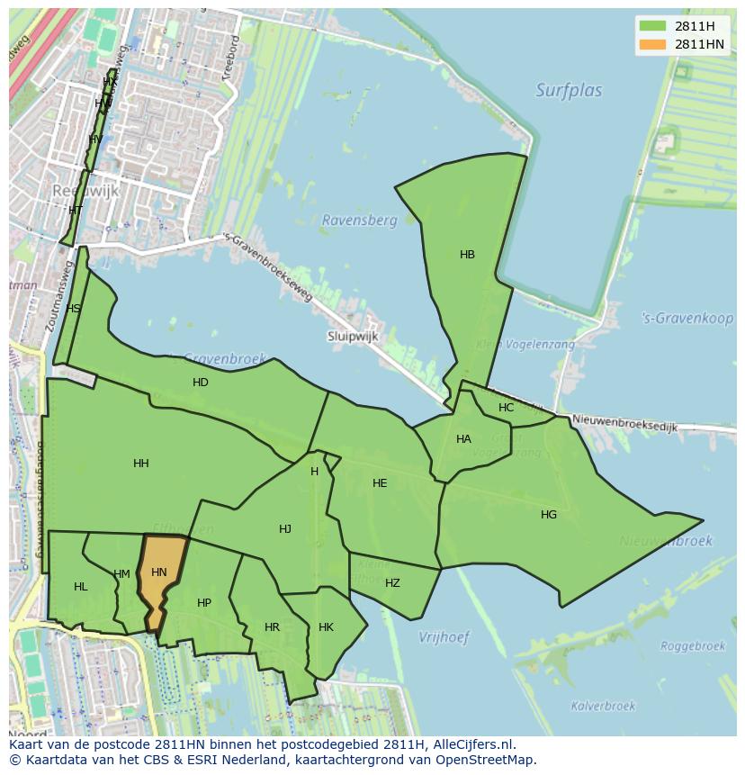 Afbeelding van het postcodegebied 2811 HN op de kaart.