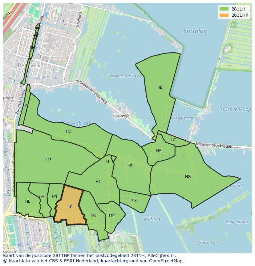 Afbeelding van het postcodegebied 2811 HP op de kaart.