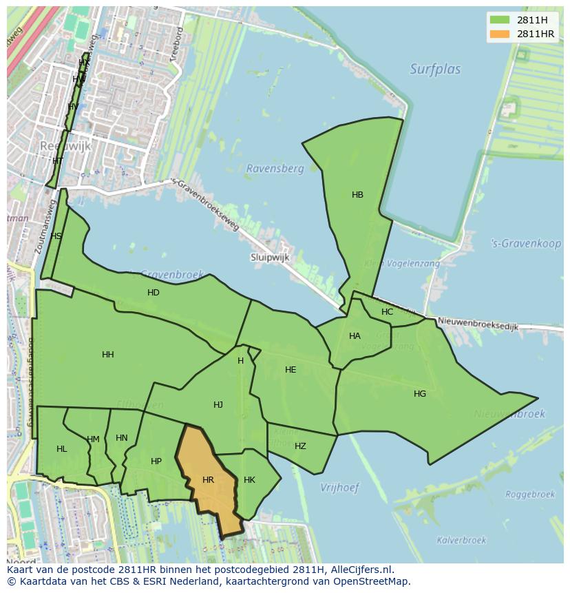 Afbeelding van het postcodegebied 2811 HR op de kaart.