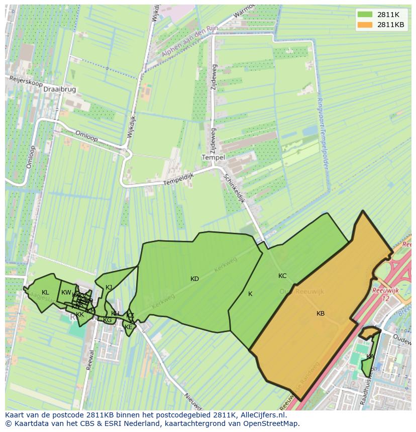 Afbeelding van het postcodegebied 2811 KB op de kaart.