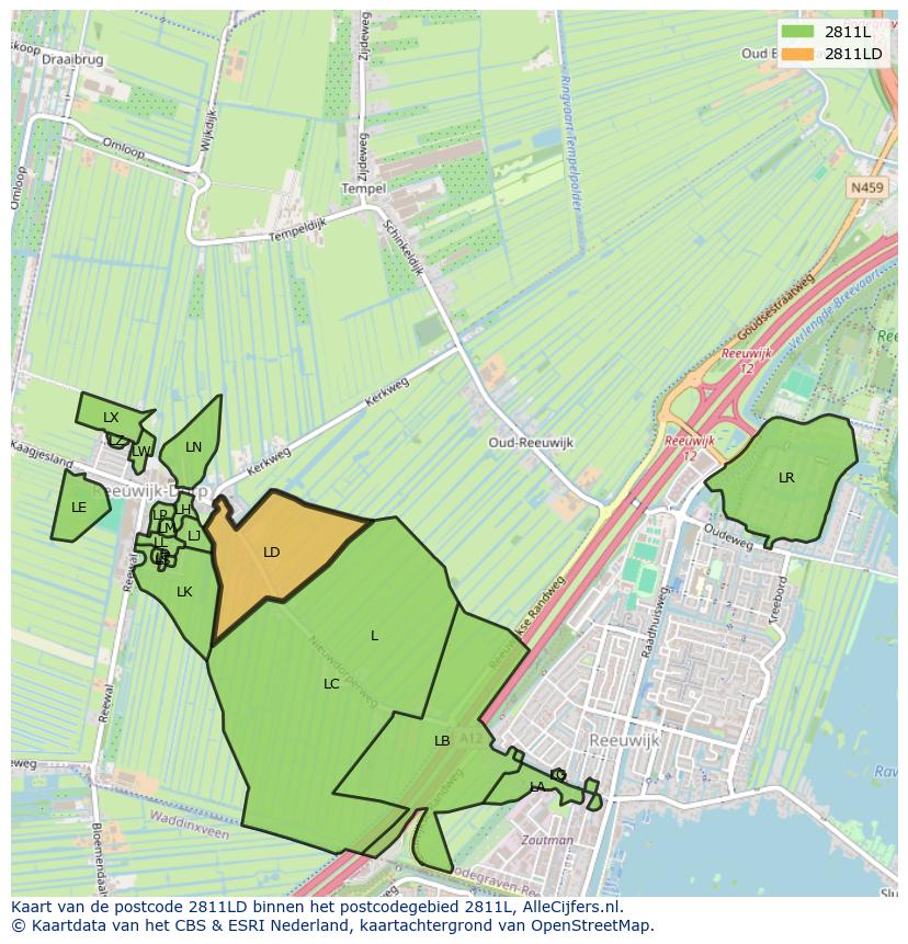 Afbeelding van het postcodegebied 2811 LD op de kaart.