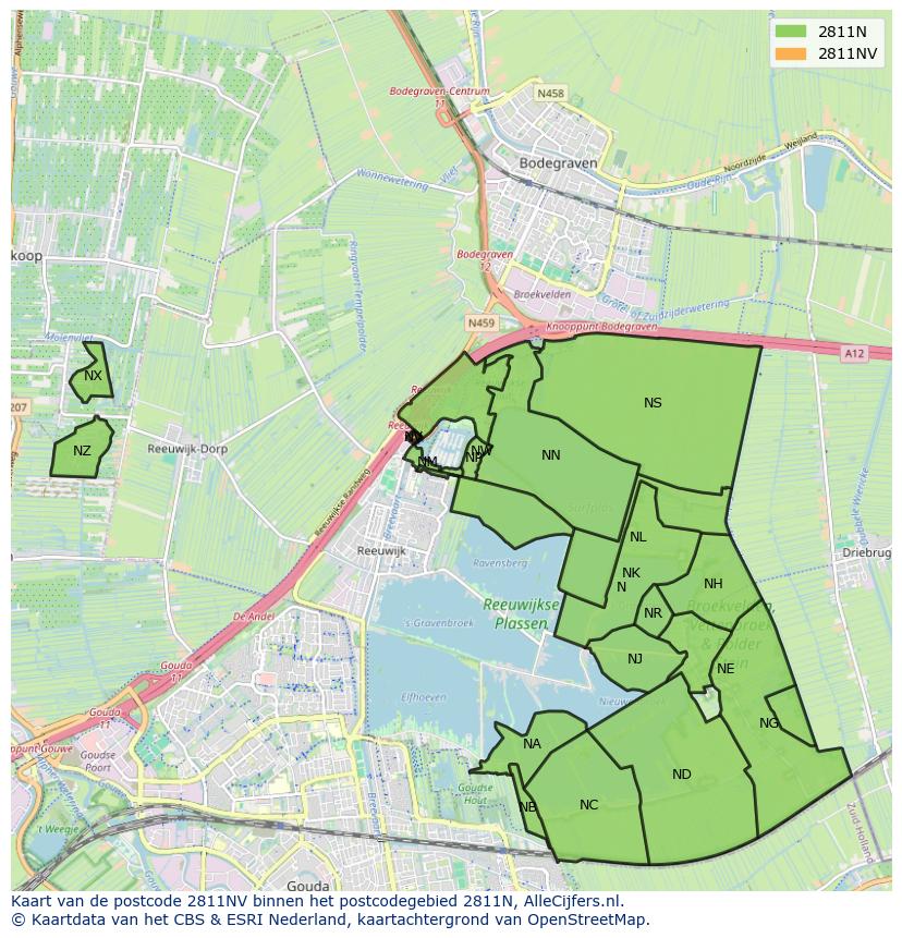 Afbeelding van het postcodegebied 2811 NV op de kaart.