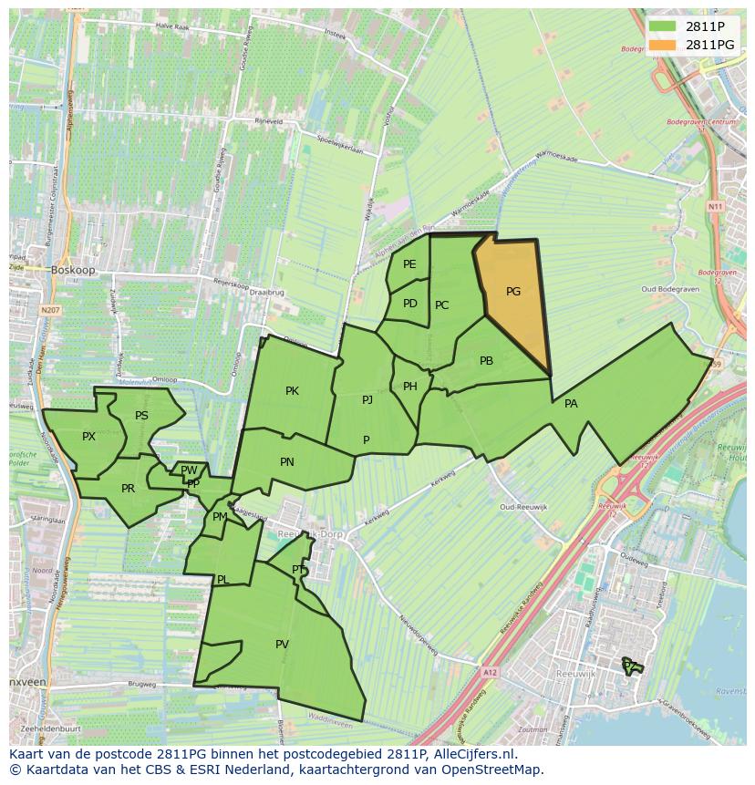 Afbeelding van het postcodegebied 2811 PG op de kaart.