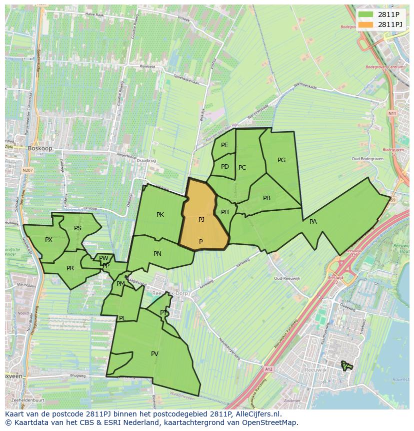 Afbeelding van het postcodegebied 2811 PJ op de kaart.