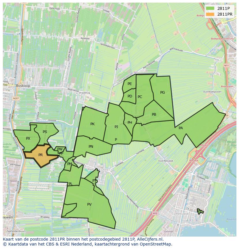 Afbeelding van het postcodegebied 2811 PR op de kaart.