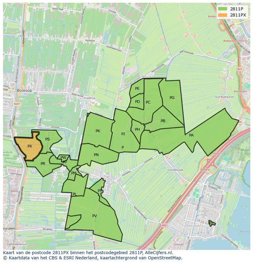 Afbeelding van het postcodegebied 2811 PX op de kaart.