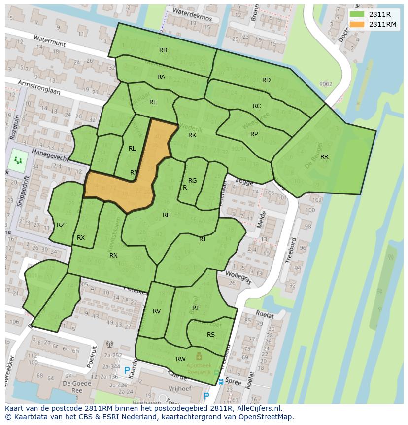 Afbeelding van het postcodegebied 2811 RM op de kaart.