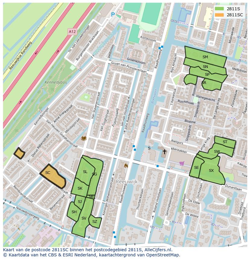 Afbeelding van het postcodegebied 2811 SC op de kaart.