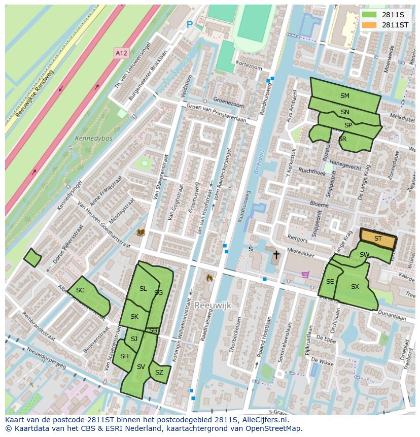 Afbeelding van het postcodegebied 2811 ST op de kaart.