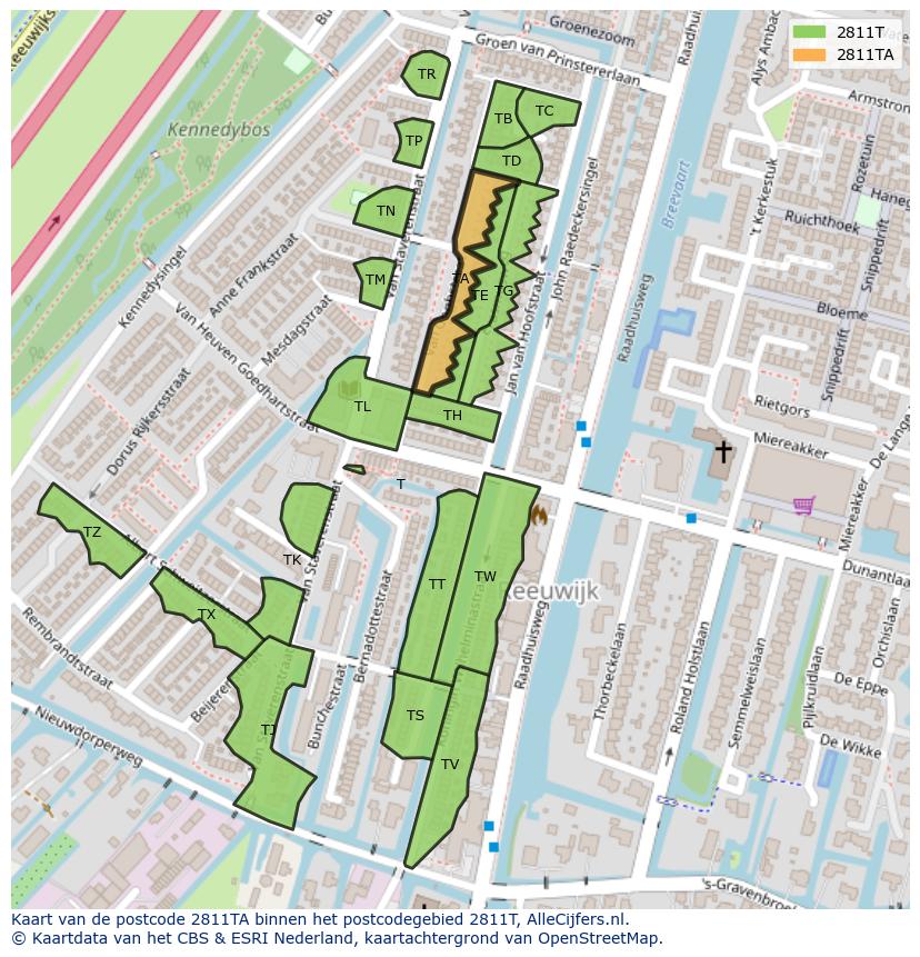 Afbeelding van het postcodegebied 2811 TA op de kaart.