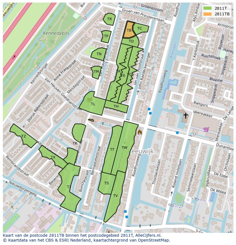 Afbeelding van het postcodegebied 2811 TB op de kaart.