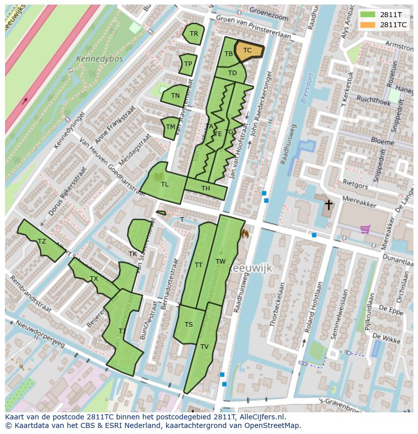 Afbeelding van het postcodegebied 2811 TC op de kaart.