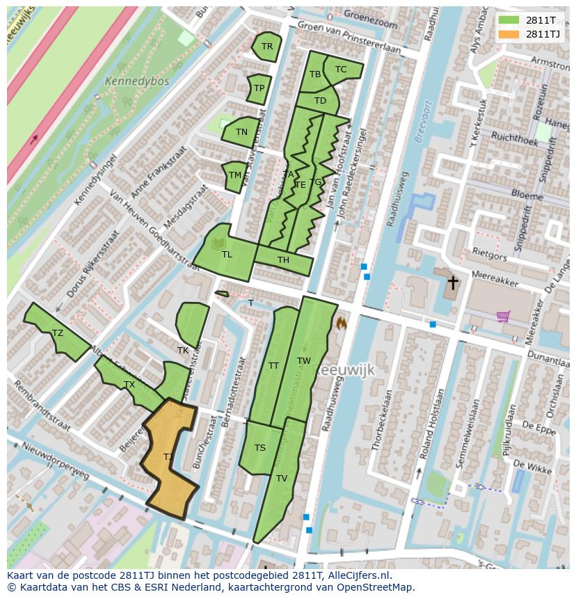 Afbeelding van het postcodegebied 2811 TJ op de kaart.